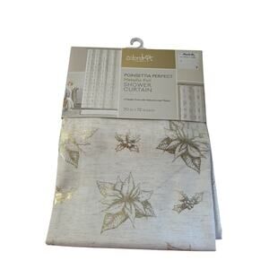 Colordrift 70 x 72" Linen Blend Fabric Shower Curtain Poinsetta Perfect Metallic